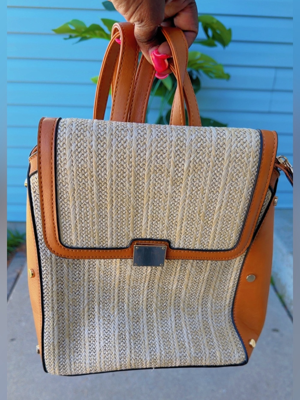 Tan and Cream Woven Crossbody Backpack - Classic Women’s Bag